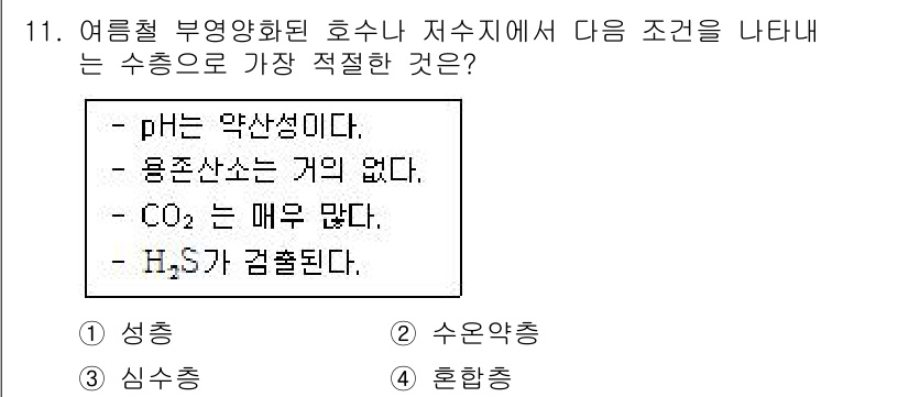 수질환경산업기사 2016년 11번 - . 성층

해설: 여름철 부영양화된 호수 저수지에서는 pH가 약산성이며,... 에 관한 핵심 기출문제