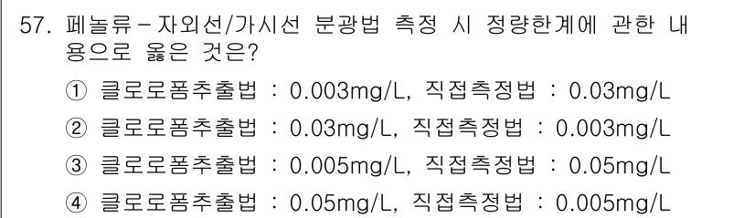 수질환경산업기사 2016년 57번 - 정답은 ①입니다. 글로로폼 추출물의 농도가 0.003mg/L로 가장 낮고... 에 관한 핵심 기출문제