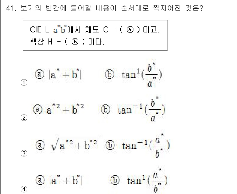 컬러리스트기사 2016년 41번 - CIE L*a*b* 색 공간에서 C는 a*와 b*의 관계로 정의되며, 색... 에 관한 핵심 기출문제