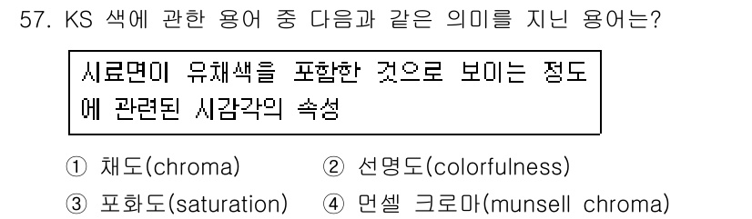 컬러리스트기사 2017년 57번 - 색상의 선명도와 관련된 개념인 '선명도(colorfulness)'는 시료... 에 관한 핵심 기출문제