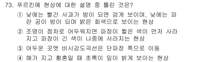 컬러리스트기사 2017년 73번 - 4. 낮에는 빨간 사과가 밤이 되면 검게 보이며, 낮에는 파란 공이 되면... 에 관한 핵심 기출문제