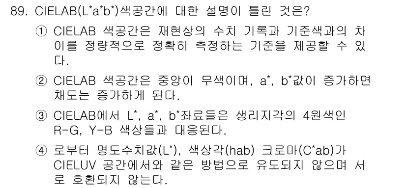 컬러리스트기사 2017년 89번 - CIELAB 색공간은 인간의 색 지각을 기반으로 하며, a*와 b* 값이... 에 관한 핵심 기출문제