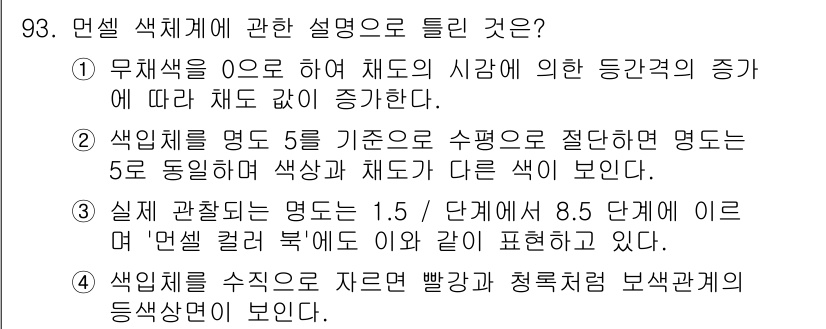 컬러리스트기사 2017년 93번 - 4. 색상체계의 수치가 자로 된 빨강과 총체적 봄색 사이의 등상관이 보인... 에 관한 핵심 기출문제