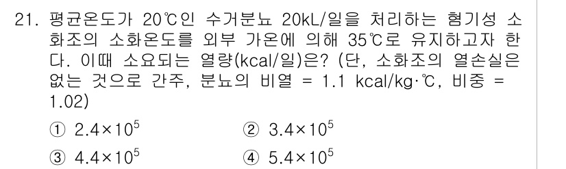 폐기물처리기사 2016년 21번 - 정답은 4입니다. 주어진 조건에서 소화조의 열손실이 없다고 가정할 때, ... 에 관한 핵심 기출문제