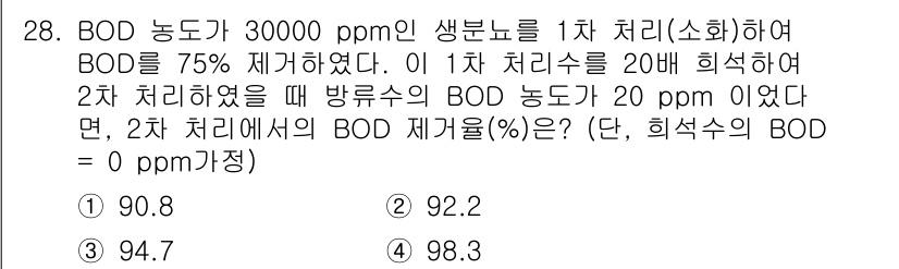 폐기물처리기사 2016년 28번 - BOD 농도가 30000 ppm인 유기물을 1차 처리에서 75% 제거했으... 에 관한 핵심 기출문제