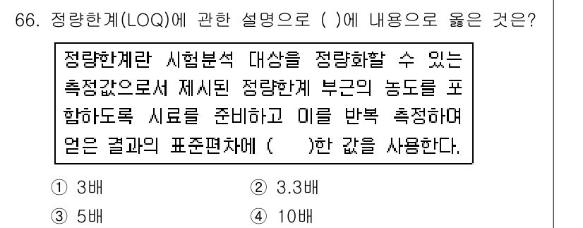 폐기물처리기사 2016년 66번 - 정량한계(LOQ)는 특정 분석법에서 정확하게 정량할 수 있는 최소 농도를... 에 관한 핵심 기출문제