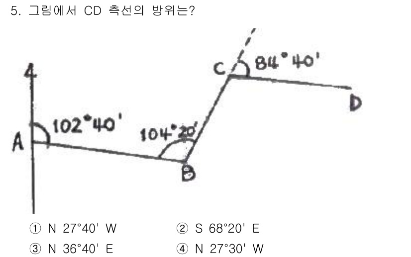 측량기능사 2015년 5번 - CD 측선의 방향을 찾기 위해 먼저 각 B에서 C로의 각도를 파악해야 합... 에 관한 핵심 기출문제