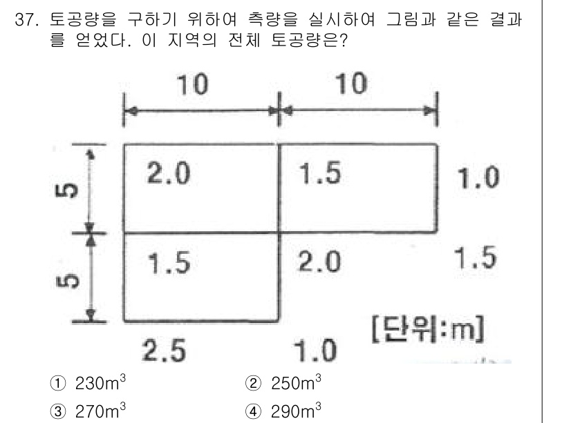 측량기능사 2016년 37번 - 전체 토공량은 두 개의 직사각형을 각각 계산한 후 합산하여 구할 수 있습... 에 관한 핵심 기출문제