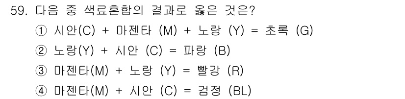 자동차보수도장기능사 2015년 59번 - 정답 2: 노랑(Y) + 시안(C) = 파랑(B).

- CMYK 색상 ... 에 관한 핵심 기출문제