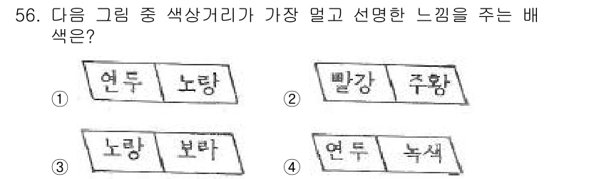 자동차보수도장기능사 2016년 56번 - 배색에서 '빨강'은 강렬하고 주목성을 주며, '주황'은 따뜻하고 화사한 ... 에 관한 핵심 기출문제