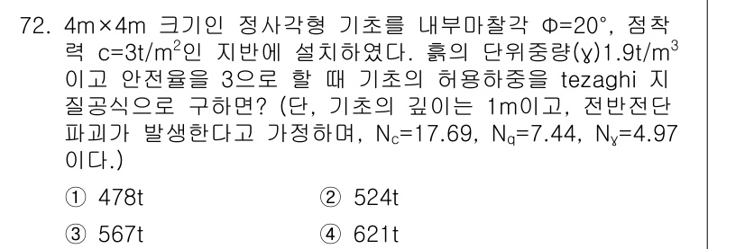 건설재료시험기사 2016년 73번 - 주어진 문제는 4m × 4m 크기의 기초에서 발생하는 허용 지지력을 계산... 에 관한 핵심 기출문제