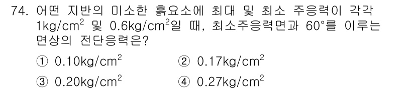 건설재료시험기사 2017년 75번 - 주어진 정보에 따라 최대 집합 밀도와 최소 주응력으로 계산하면, 60도에... 에 관한 핵심 기출문제