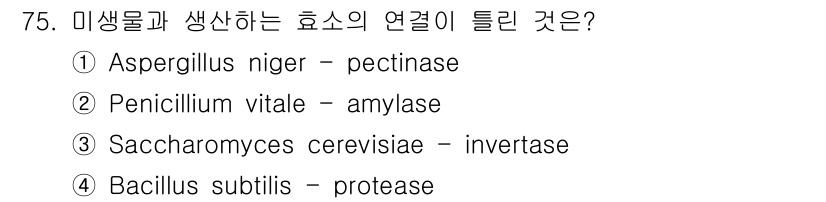 식품산업기사(구) 2017년 75번 - Bacillus subtilis는 protease를 생성하며, 이는 단백... 에 관한 핵심 기출문제