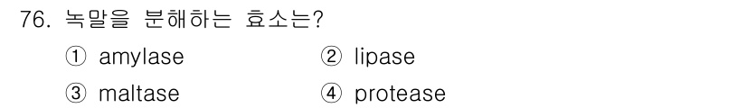 식품산업기사(구) 2017년 76번 - 정답은 4번 protease입니다. Protease는 단백질을 분해하는 ... 에 관한 핵심 기출문제