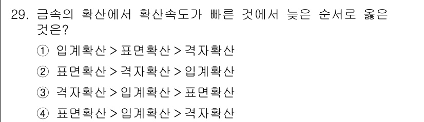 금속재료산업기사 2015년 29번 - 금속의 확산 속도는 원자의 종류와 상태에 크게 의존한다. 일반적으로 입계... 에 관한 핵심 기출문제