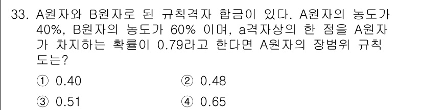 금속재료산업기사 2015년 33번 - 주어진 문제는 A원자와 B원자의 능도가 주어졌을 때, A원자의 장벽의 규... 에 관한 핵심 기출문제