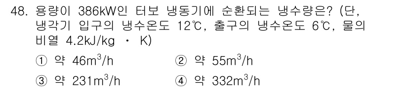 건축설비기사 2016년 48번 - 냉동기의 용량이 386 kW이고, 입력과 출력의 냉수 온도 차가 6°C(... 에 관한 핵심 기출문제