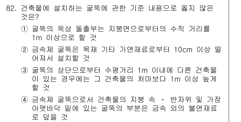 건축설비기사 2016년 82번 - 굴뚝의 옥상 돌출부는 지붕면으로부터 1m 이상에 위치해야 하며, 이는 안... 에 관한 핵심 기출문제