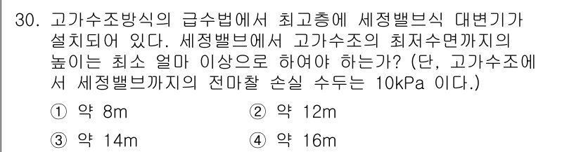 건축설비기사 2017년 30번 - 최고층에서 세정밸브를 설치할 때, 고가수조의 수면 높이는 압력 손실을 고... 에 관한 핵심 기출문제