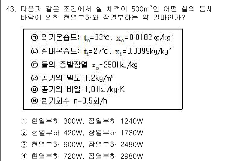 건축설비기사 2017년 43번 - 주어진 조건에서 실내 온도와 외기 온도 차이가 크고, 열교환 효율을 고려... 에 관한 핵심 기출문제