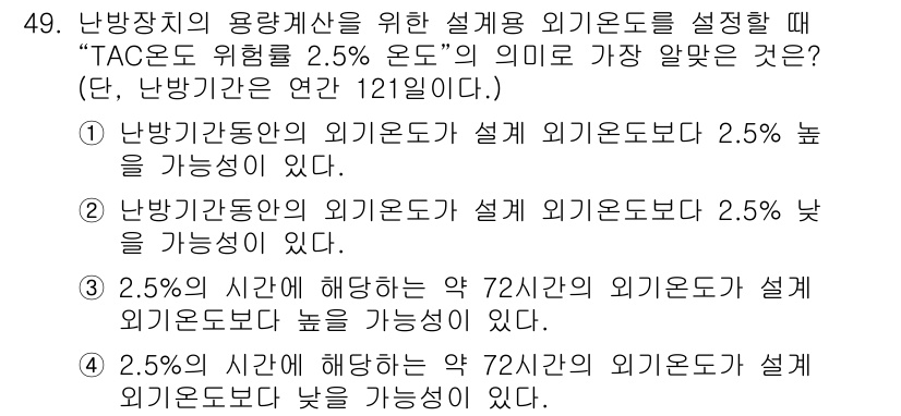 건축설비기사 2017년 49번 - 문제에서 제시된 “TAC도 위험율 2.5% 오돈의 의미”는 난방장치가 안... 에 관한 핵심 기출문제