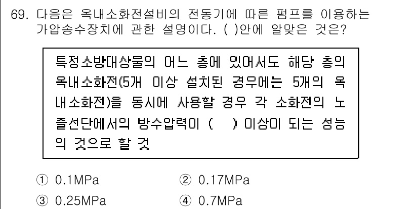 건축설비기사 2017년 69번 - 정답은 1. 0.1MPa입니다. 주어진 설명에 따르면, 옥내소화전의 방수... 에 관한 핵심 기출문제