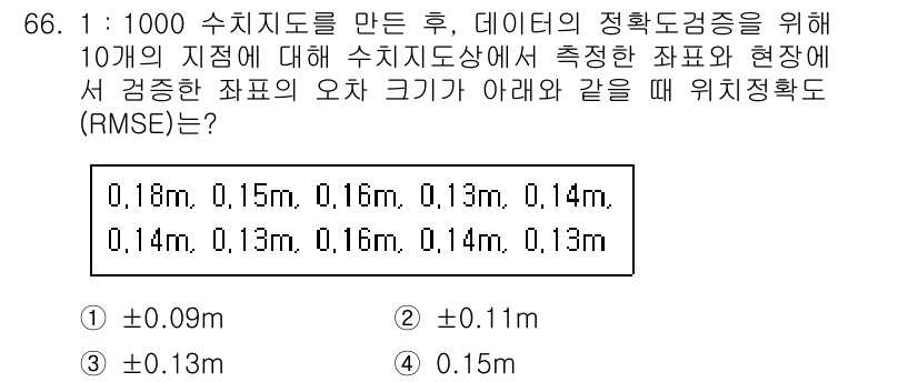 측량및지형공간정보기사 2017년 66번 - 위치정확도의 RMSE(균형제곱근오차)는 여러 측정값의 오차를 평가하는 데... 에 관한 핵심 기출문제