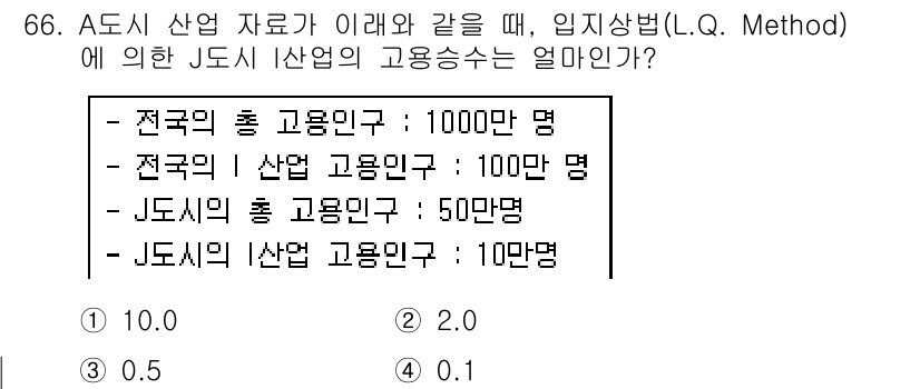 도시계획기사 2016년 66번 - A 도시 산업의 고용승수는 L.Q. Method에 따라 계산할 수 있습니... 에 관한 핵심 기출문제