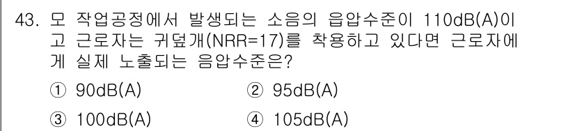 산업위생관리산업기사 2015년 43번 - 주어진 소음의 율은 110 dB(A)이며, NRR이 17 dB로 주어졌습... 에 관한 핵심 기출문제