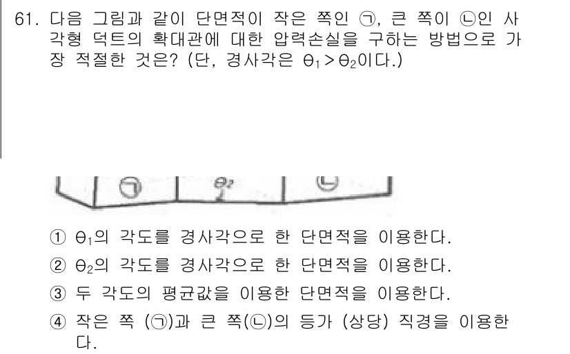 산업위생관리산업기사 2015년 61번 - 압력 손실을 최소화하기 위해서는 유체가 흐르는 경로의 변화가 최소화되어야... 에 관한 핵심 기출문제