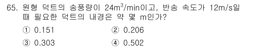 산업위생관리산업기사 2015년 65번 - 정답은 ② 0.206입니다. 덕트의 내경을 구하기 위해 속도와 송풍량을 ... 에 관한 핵심 기출문제