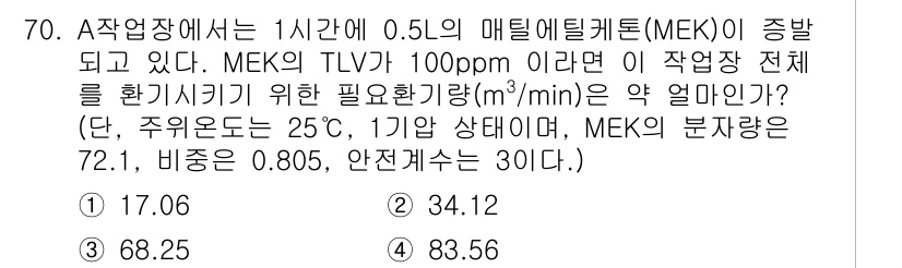 산업위생관리산업기사 2016년 70번 - MEK의 TLV가 100ppm이므로, 1시간 동안의 작업환경에서의 최대 ... 에 관한 핵심 기출문제