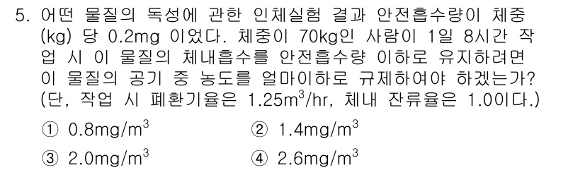 산업위생관리산업기사 2017년 5번 - 물질의 체중에 따라 안전 흡입량이 결정되며, 체중 70kg인 사람이 1일... 에 관한 핵심 기출문제