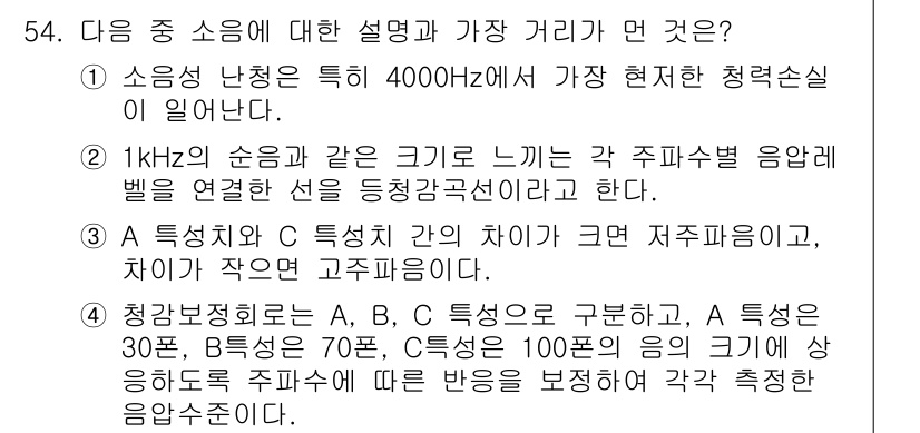 산업위생관리산업기사 2017년 55번 - 1. 소음 난청은 주로 4000Hz에서 가장 심하게 발생하므로, 1kHz... 에 관한 핵심 기출문제
