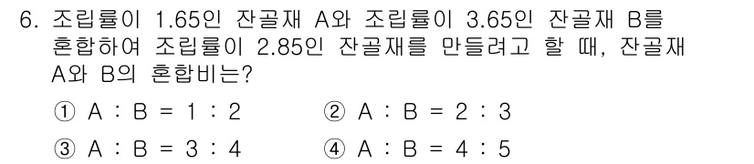 콘크리트기사 2015년 6번 - 조립률 A와 B를 혼합할 때, 조립률의 비율에 따라 잔골재의 조립률을 맞... 에 관한 핵심 기출문제