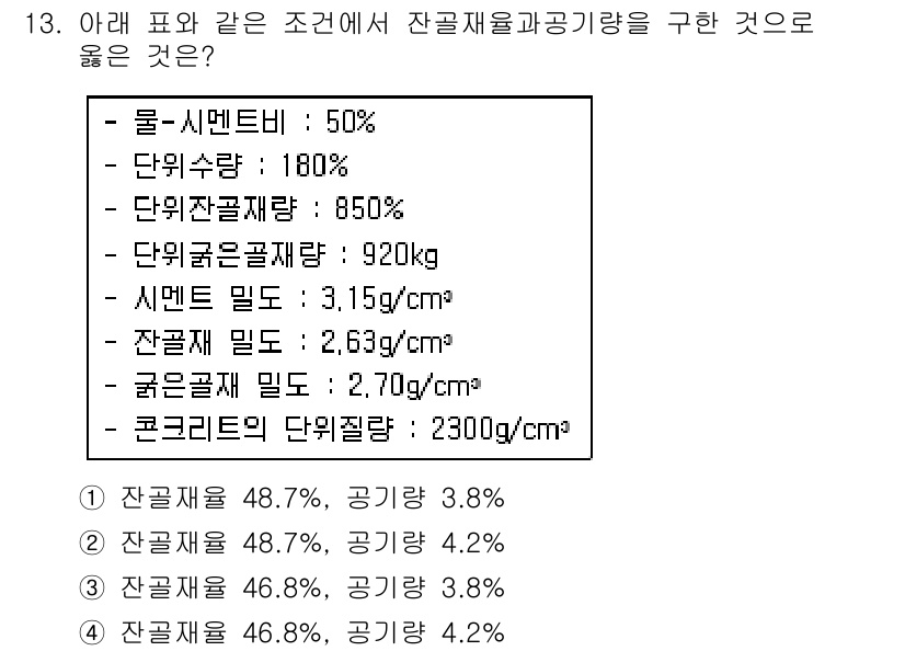 콘크리트기사 2016년 13번 - 정답 2번은 잔골재와 공기량의 비율을 바르게 계산한 결과입니다. 잔골재 ... 에 관한 핵심 기출문제