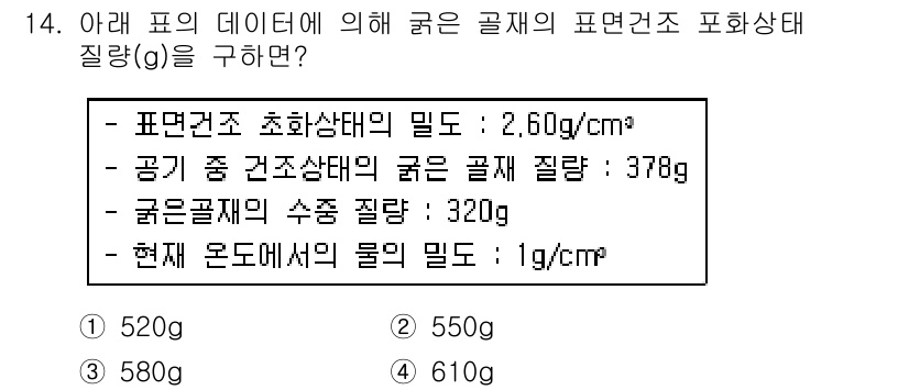 콘크리트기사 2016년 14번 - 주어진 문제에서 다양한 밀도와 질량을 활용하여 포화 상태 포화체 질량을 ... 에 관한 핵심 기출문제