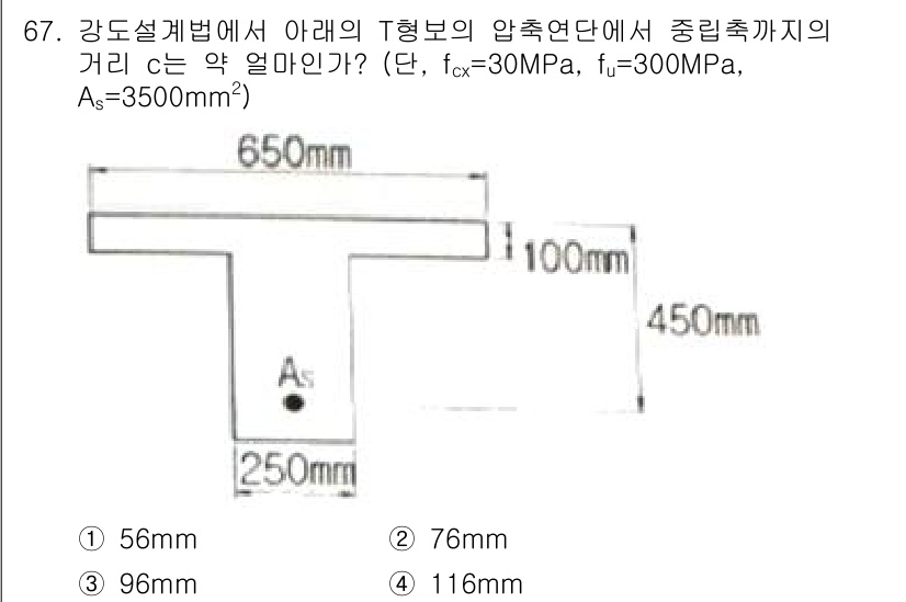 콘크리트기사 2016년 67번 - 정답은 2번 96mm입니다. 압축연단에서 주철판의 중립축까지의 거리 c는... 에 관한 핵심 기출문제