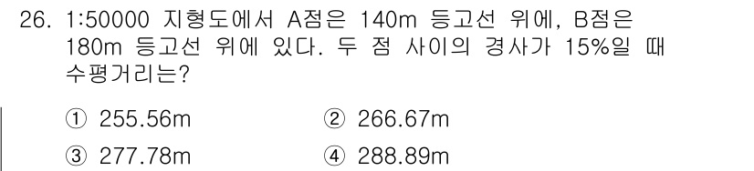 지적산업기사 2015년 26번 - 1:50000 지형도에서 A점과 B점의 고도가 주어졌고, 경사도가 15%... 에 관한 핵심 기출문제