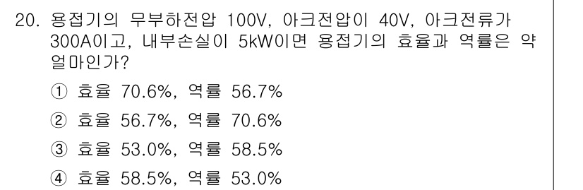 침투비파괴검사기사(구) 2015년 20번 - 용접기의 효율은 입력 전력과 출력 전력을 고려하여 계산합니다. 주어진 정... 에 관한 핵심 기출문제