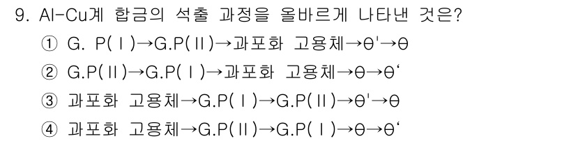 침투비파괴검사기사(구) 2015년 9번 - 정답인 이유는 AI-Cu 합금의 석출 과정에서 P(II) 상태가 G.P(... 에 관한 핵심 기출문제