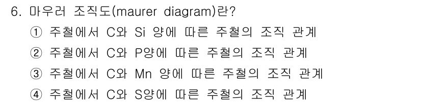 침투비파괴검사기사 2016년 6번 - 정답 2는 주철에서 C와 Si의 관계를 나타낸 것으로, 두 원소의 비율에... 에 관한 핵심 기출문제