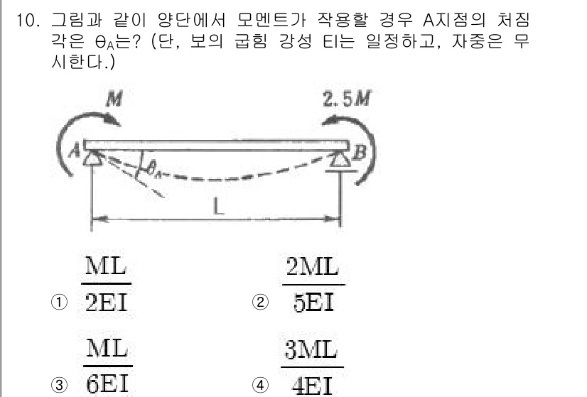 건설기계설비기사 2016년 10번 - 문제에서 주어진 구조는 연속 비틀림(moment) 상황을 고려해야 합니다... 에 관한 핵심 기출문제