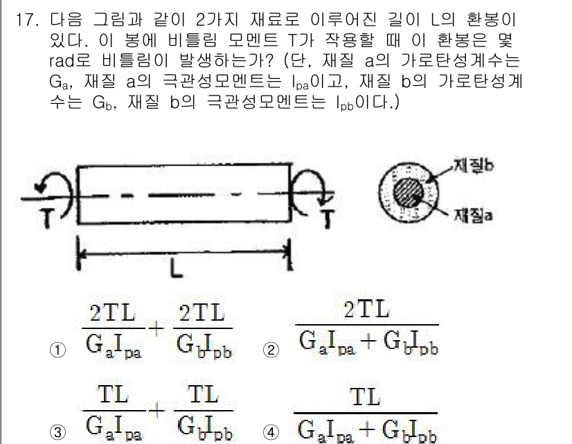 건설기계설비기사 2017년 17번 - 이는 비틀림 모멘트 T에 의해 발생하는 비틀림 응력이 G와 연관되어 있으... 에 관한 핵심 기출문제