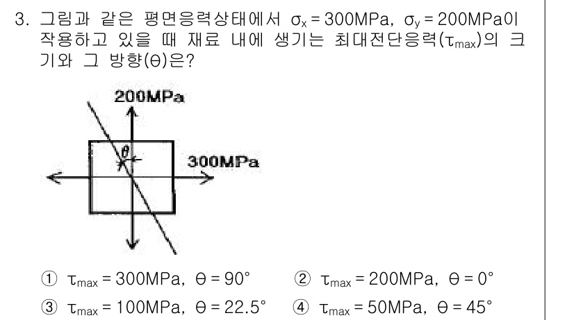 건설기계설비기사 2017년 3번 - 최대 전단응력 \(\tau_{\text{max}}\)의 크기와 방향은 평... 에 관한 핵심 기출문제