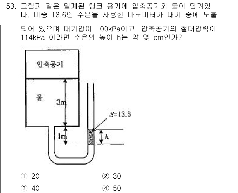 건설기계설비기사 2017년 53번 - 압력(P)은 물의 높이(h)와 밀도(ρ), 중력가속도(g)의 곱으로 나타... 에 관한 핵심 기출문제