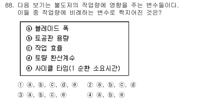 건설기계설비기사 2017년 88번 - 사이클 타임(1 순환 소요시간)은 작업의 효율성과 생산성에 직접적인 영향... 에 관한 핵심 기출문제