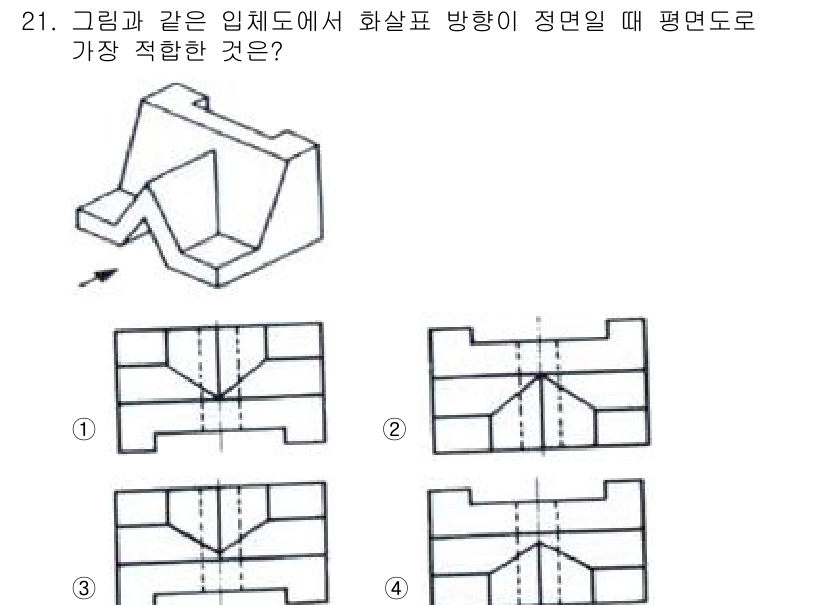 생산자동화산업기사 2016년 21번 - 정답 3번의 경우, 해당 형상의 입체도에서 화살표 방향이 정면일 때 평면... 에 관한 핵심 기출문제