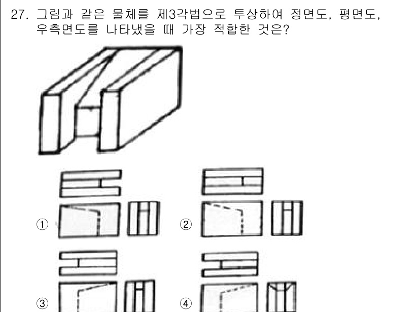 생산자동화산업기사 2017년 27번 - 정답 2번은 물체의 윤곽이 정면도, 평면도, 우측면도를 통해 명확하게 표... 에 관한 핵심 기출문제