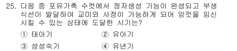 축산기사 2016년 25번 - 정답 4. 유년기입니다. 

유년기는 가축의 생리적 발달 과정에서 성장이... 에 관한 핵심 기출문제